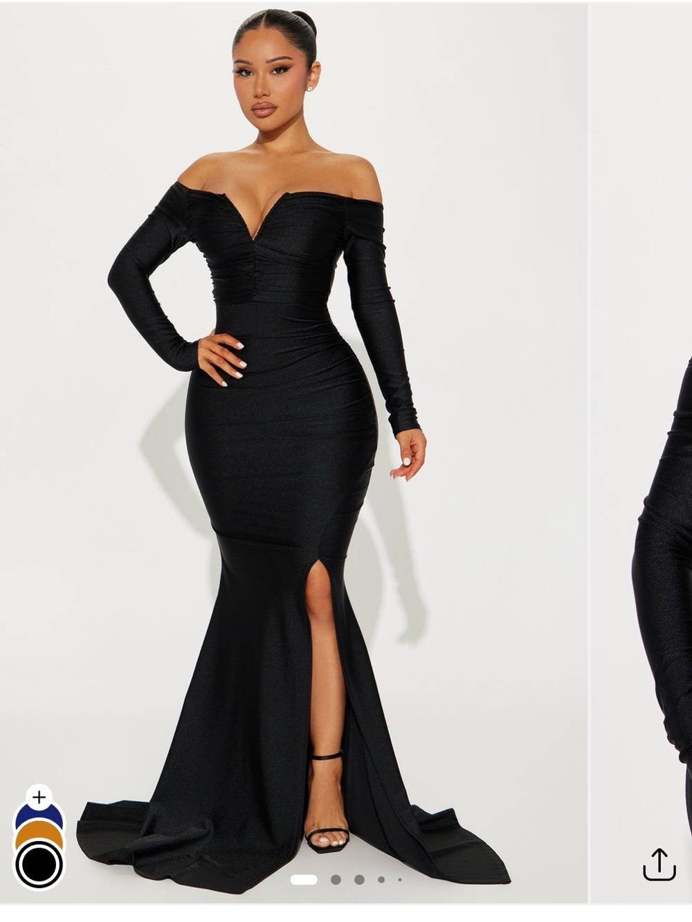 Fashion Nova Black Off-Shoulder Long Sleeve Mermaid Maxi Dress with Front Slit